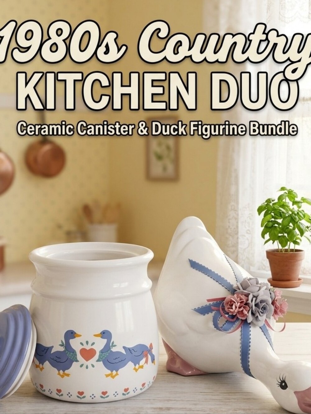 Vintage White Ceramic Canister & Duck Figurine with Blue and Pink Accents